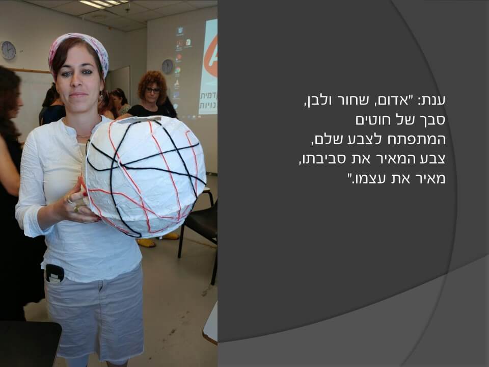 ענת: "אדום, שחור ולבן, סבך של חוטים המתפתח לצבע שלם, צבע המאיר את סביבתו, מאיר את עצמו."